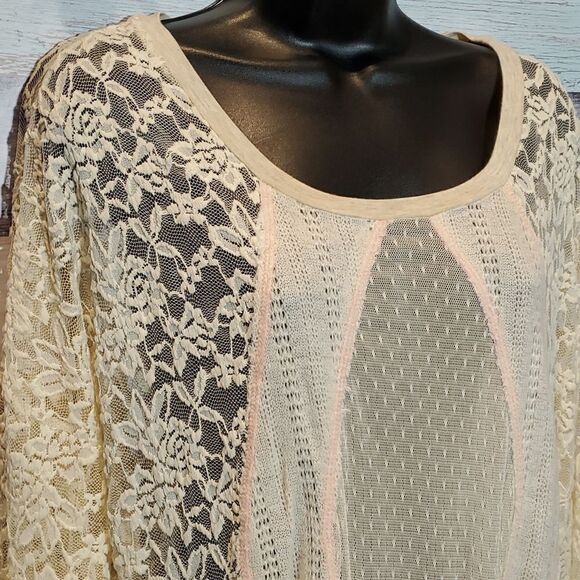 Jolt Sheer Lace Cream Long Sleeve Blouse Patchwork Sz L - Picture 1 of 7